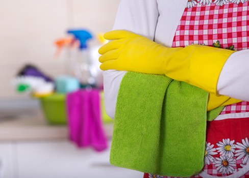 Cleaning products and protective equipment arranged safely